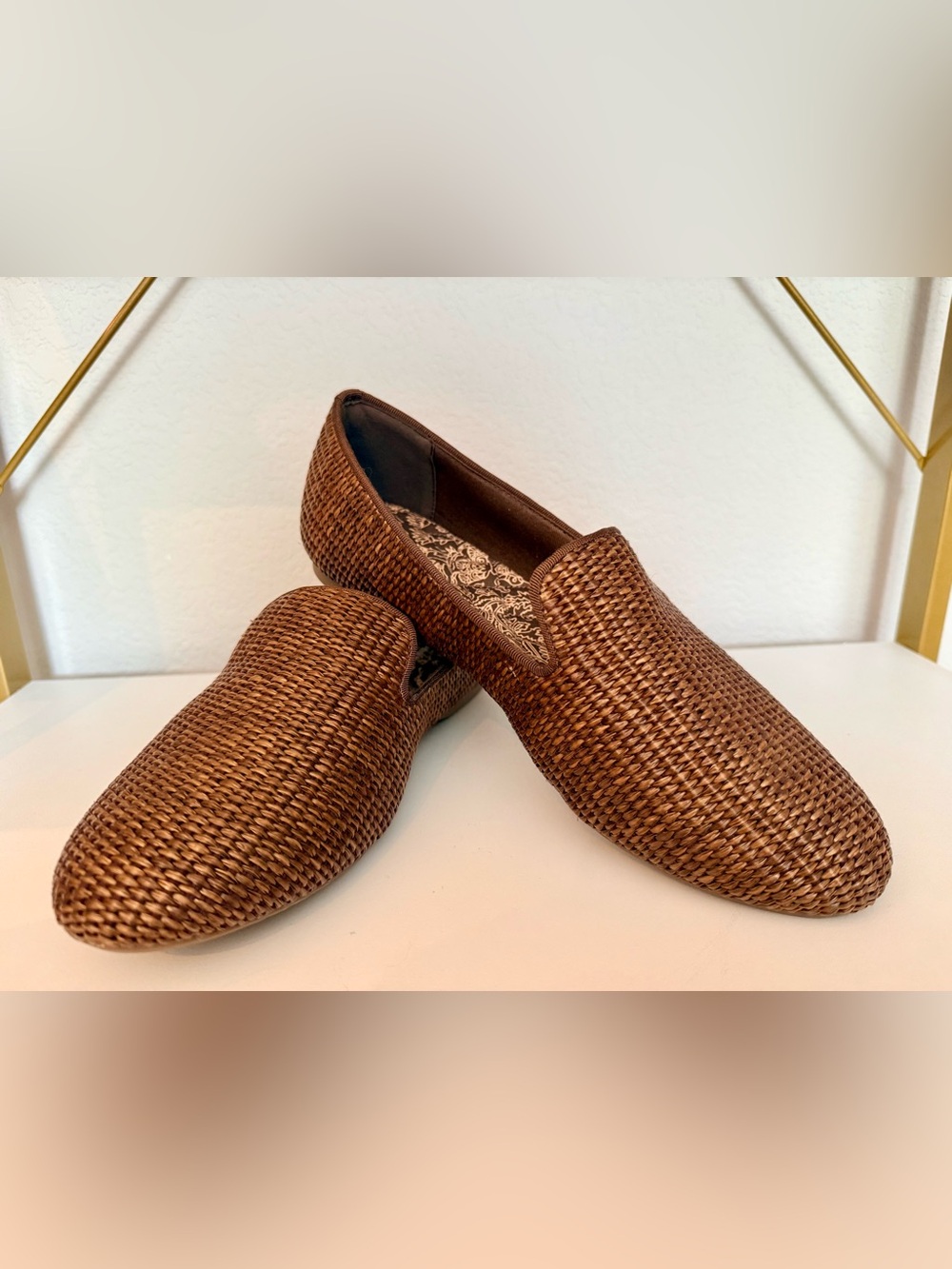 Birdies The Starling Walnut Brown Woven Raffia Smoking Loafers 10.5 W